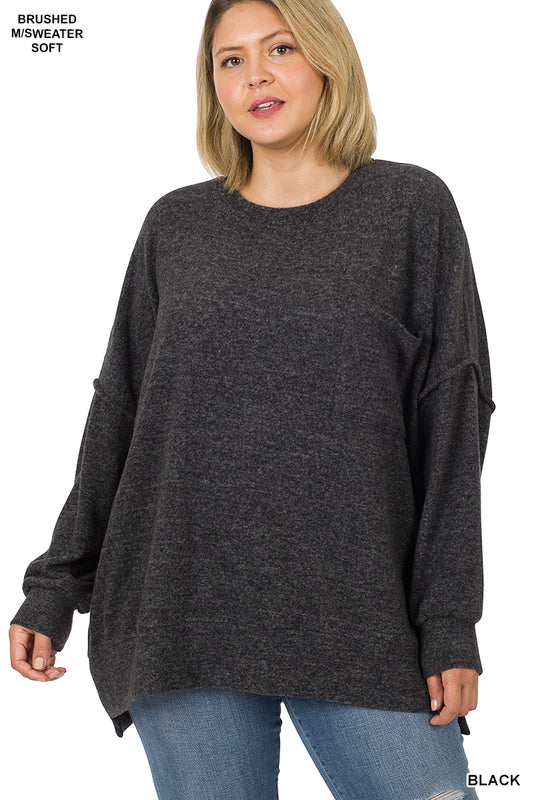 Zenana Plus Brushed Melange Drop Shoulder Sweater - Black (1X-3X)