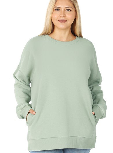 Zenana - Plus Long Sleeve Round Neck Sweatshirt - Light Sage (1X - 3X)