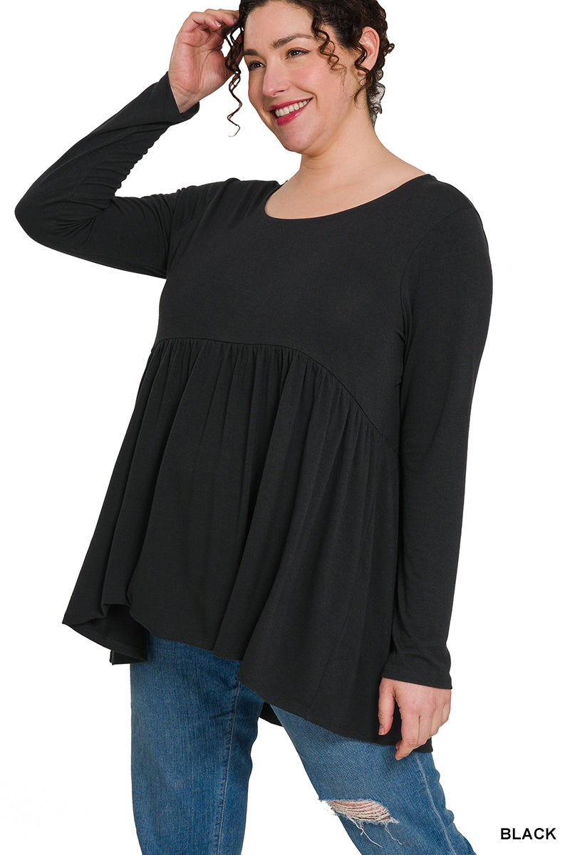 Zenana Plus Long Sleeve with Waist Shirring Top - Black (1X-2X)