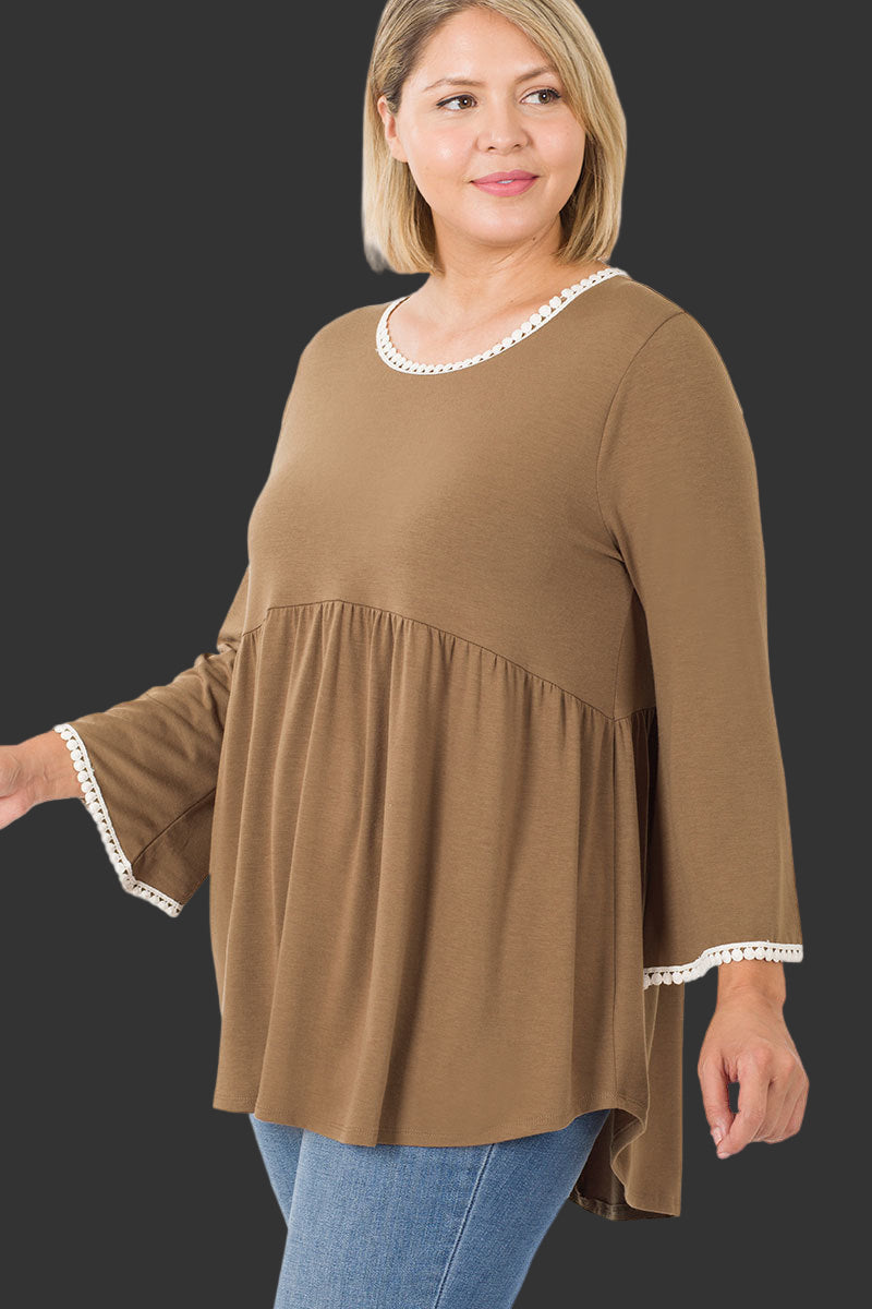 Zenana Plus Pompom Trim Empire Waist Shirring Top - Mocha (1X-3X)