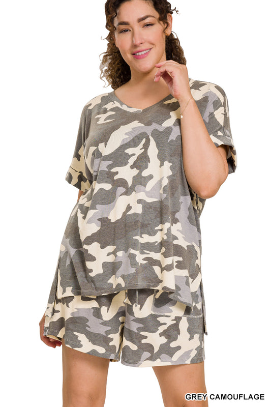 Zenana Plus Camouflage V-Neck Top & Drawstring Shorts Set - Grey Camouflage - (1X-3X)
