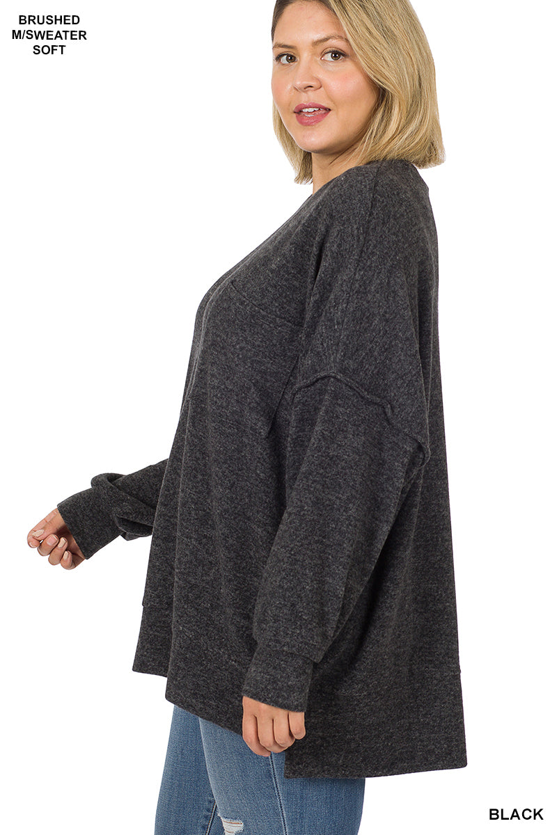 Zenana Plus Brushed Melange Drop Shoulder Sweater - Black (1X-3X)