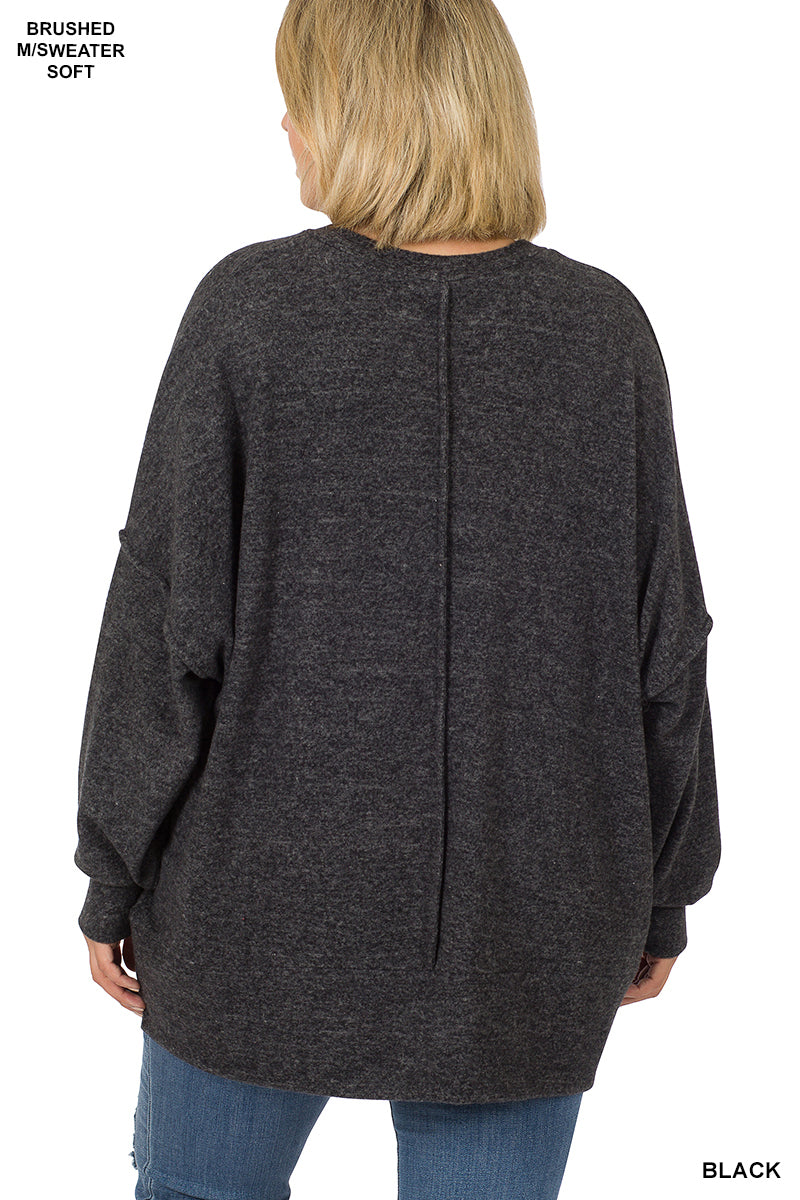 Zenana Plus Brushed Melange Drop Shoulder Sweater - Black (1X-3X)