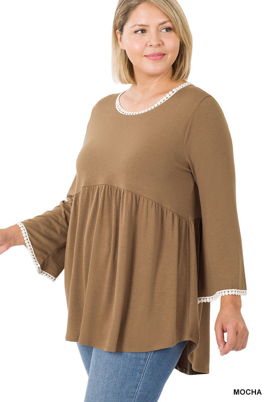 Zenana Plus Pompom Trim Empire Waist Shirring Top - Mocha (1X-3X)