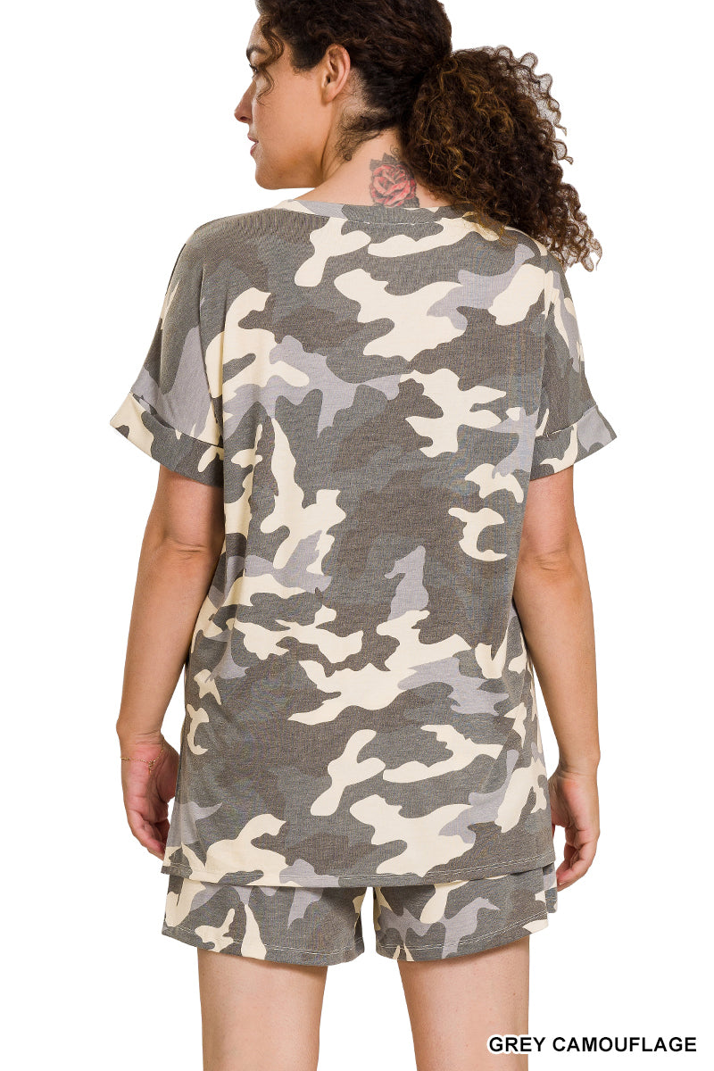 Zenana Plus Camouflage V-Neck Top & Drawstring Shorts Set - Grey Camouflage - (1X-3X)