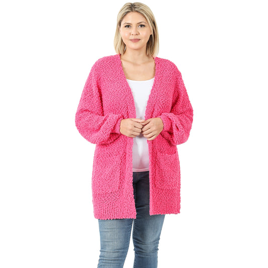 Zenana Plus Puff Sleeve Popcorn Cardigan with Pockets - Fuchsia (1X-2X)